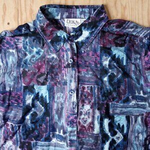 Vintage Erika Petites Abstract Pattern Silk Button Shirt